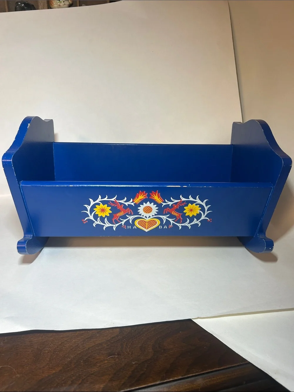 HABA Blue Wooden Doll Cradle with Floral Folk Art - made in West Germany